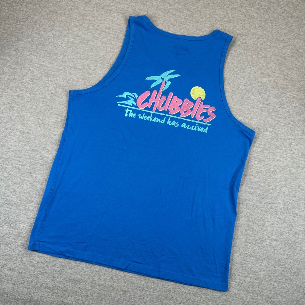 Chubbies Tank Top Mens M Blue Tropical Palm Tree Retro The Weekend Has Arrived